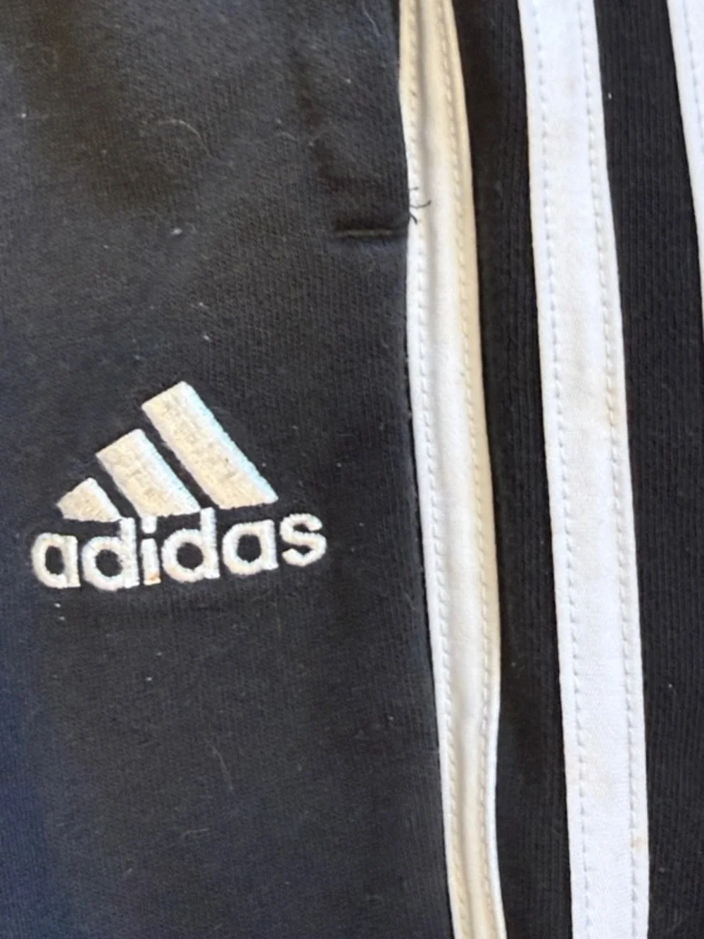 Boys, Med/10-12, adidas Black Jogger Sweatpants with White Three-Stripes, nice